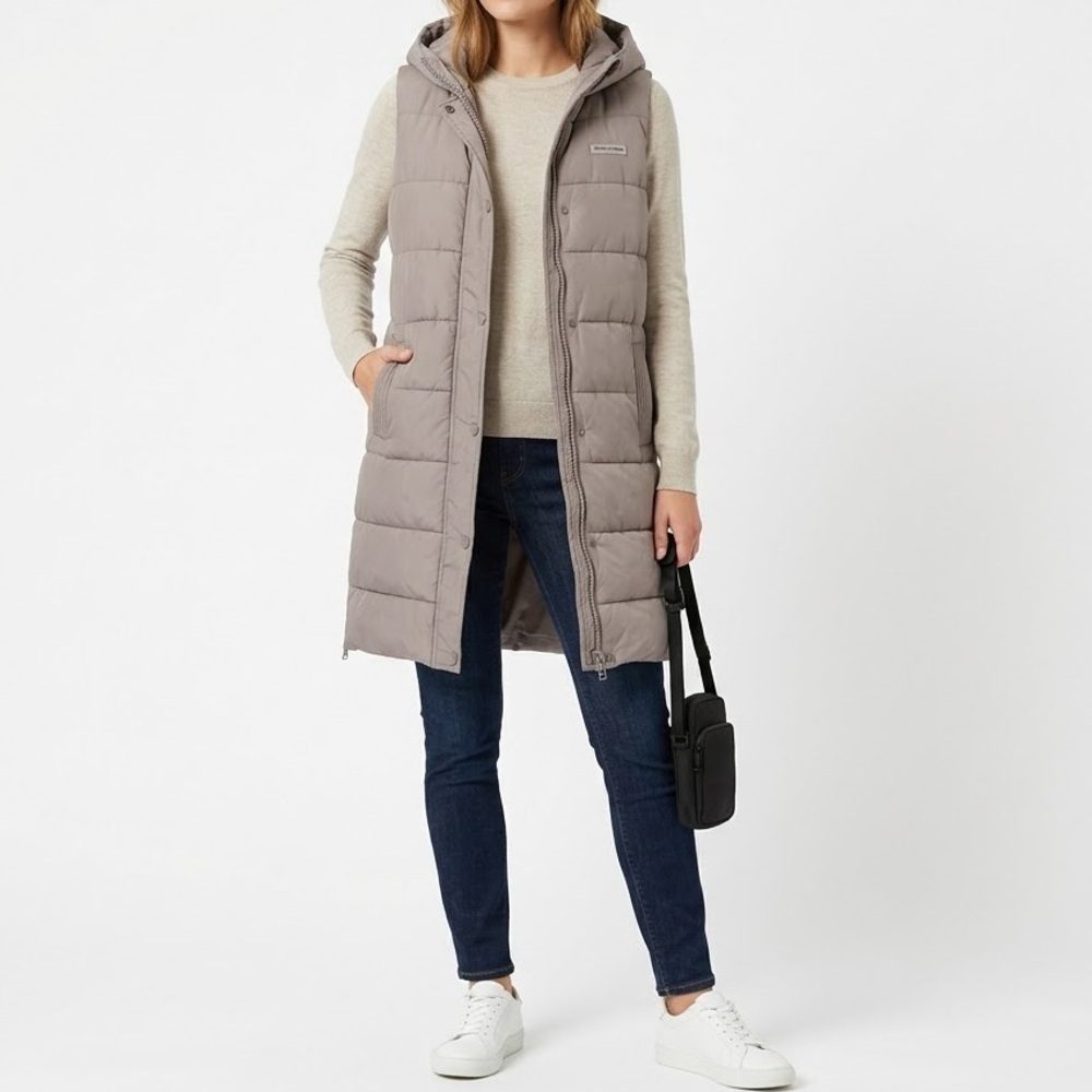 Tattoo Outdoor Long Line Hooded Puffer Quilted Vest Taupe Full Zip Gorpcore Chic